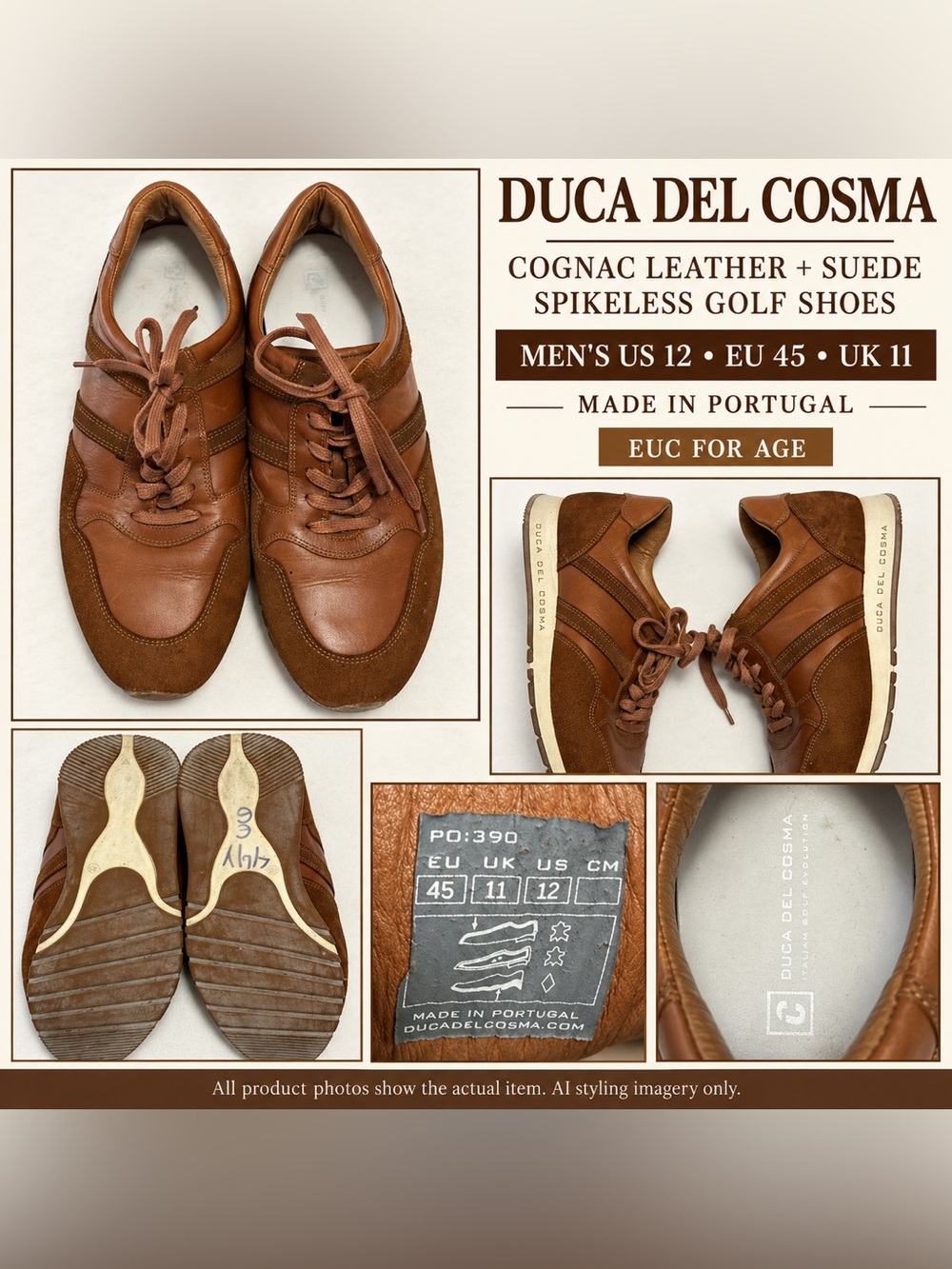 Duca del Cosma Men’s US 12 EU45 Cognac Leather Suede Spikeless Golf Shoes EUC